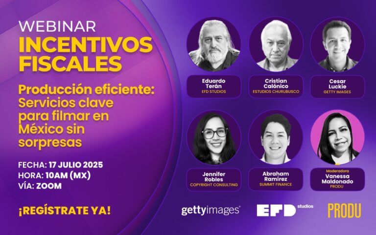 Este jueves 17, a las 10 am (hora México) tiene lugar el webinar Producción eficiente: Servicios clave para filmar en México sin sorpresas, donde se abordará como buscar la eficiencia y minimizar costos, al producir en México. Participan Eduardo Terán (EFD Studios); Cristián Calónico (Estudios Churubusco); César Luckie (Getty Images) Jennifer Robles (Copyright Consulting) y Abraham Ramírez Palomino (Summit Finance), moderado por la periodista Vanessa Maldonado (PRODU)
