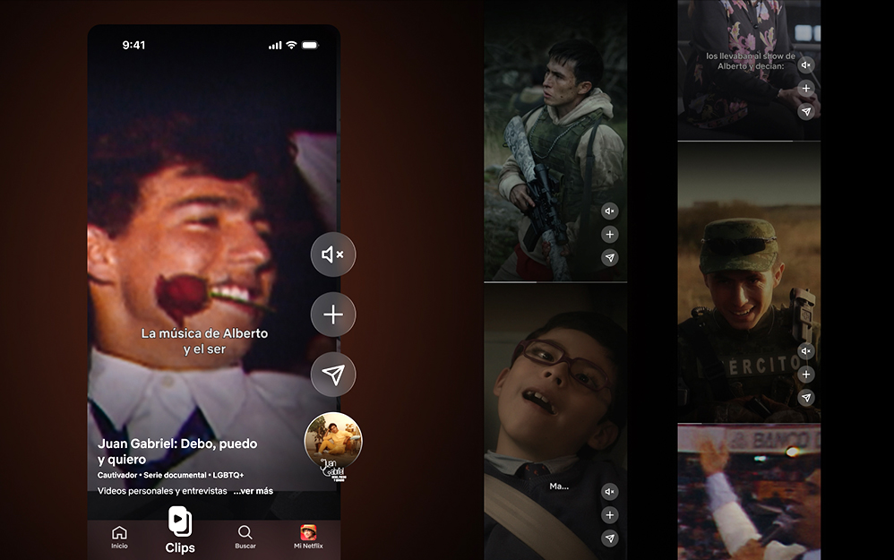 Interfaz de la nueva función Clips de Netflix en un teléfono móvil mostrando video vertical y opciones de navegación.