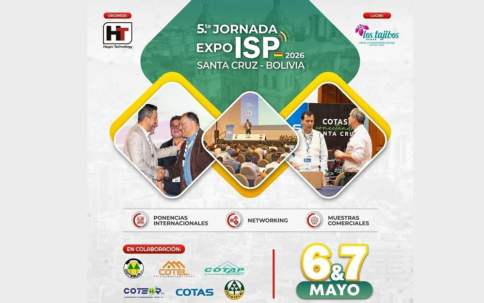 Poster oficial de la quinta jornada Expo ISP Bolivia, destacando la convergencia entre servicios de internet y televisión para operadores y proveedores de contenido.