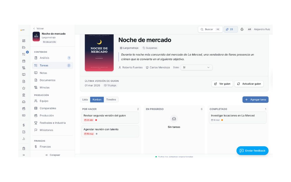 Interfaz expandida de Slatecore, la plataforma de gestión cinematográfica con IA de Alessandro Pederzoli, mostrando el proyecto de suspenso 