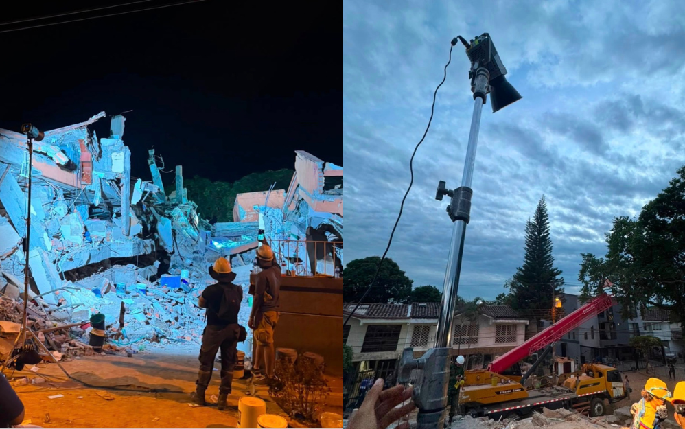 En varias de las ciudades más afectadas como Cali, Pereira y Manizales, ha sido vital el apoyo de profesionales del área del sonido y luces, para detectar si debajo de los escombros aún hay personas con vida. Fotos de la ADFC: Asociación de Directores de Fotografía Cinematográfica de Colombia